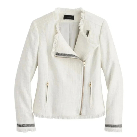 J.Crew Tweed Motorcycle Jacket with Fringe Women's 12 White Gold Career Preppy - Picture 2 of 16